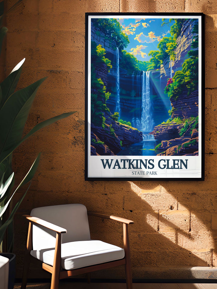 This modern wall decor piece features the scenic landscapes of Watkins Glen State Park, combining contemporary design with the parks timeless charm. Perfect for enhancing your home with a touch of New Yorks natural wonders, it offers a stylish and serene addition to your decor, celebrating the beauty of Watkins Glen.