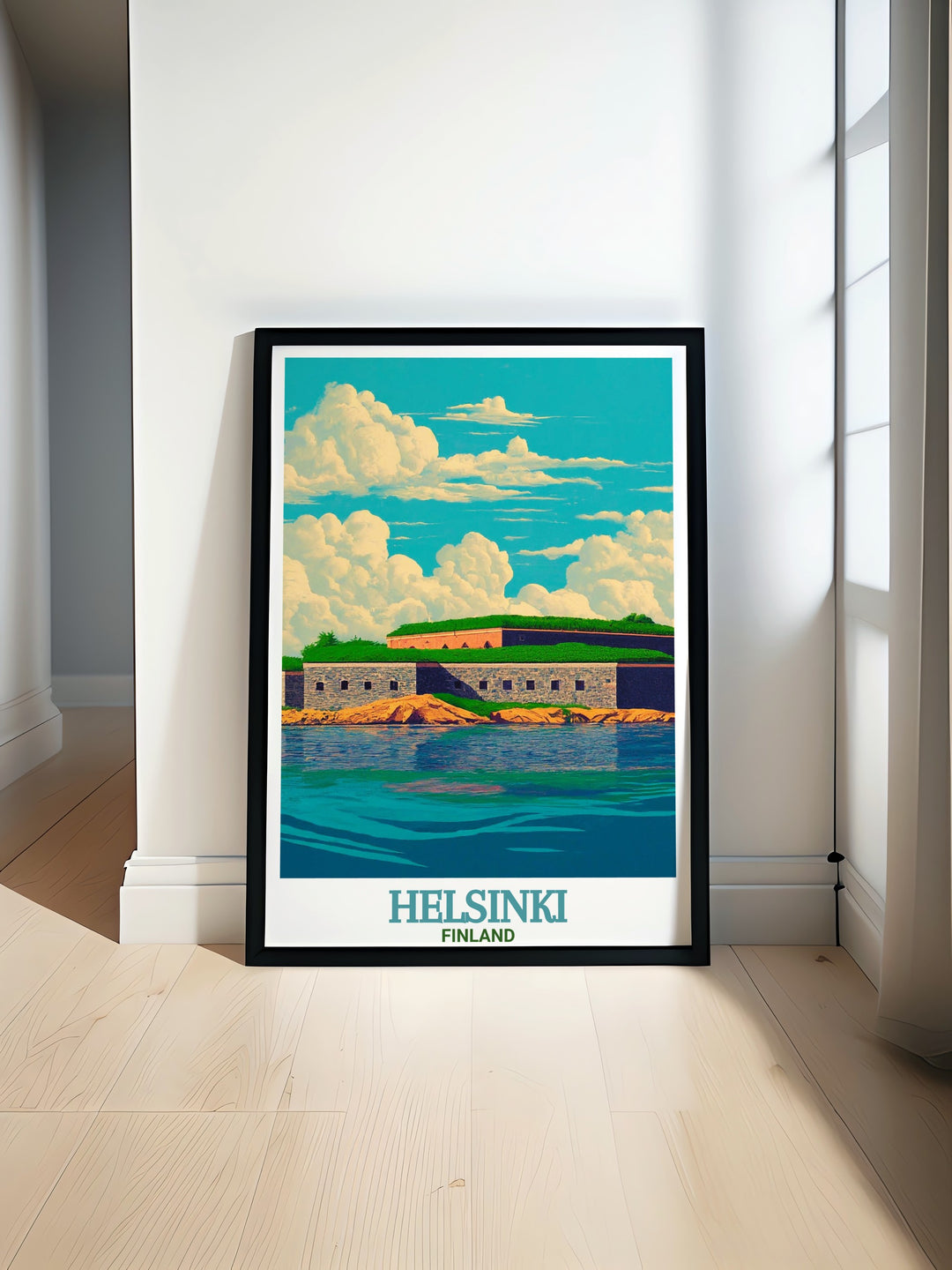 This Helsinki art print features Suomenlinna Fortress, a key landmark in Finlands history. The travel print offers a minimalist yet detailed depiction of the fortress, making it a great addition for those who appreciate Scandinavian design and cultural landmarks.