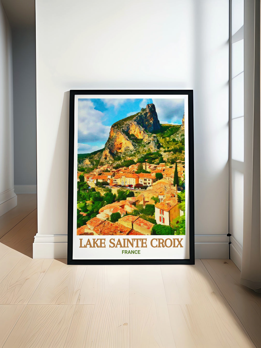 This travel poster features Lake Sainte Croix and Moustiers Sainte Marie, combining the lakes calm waters with the historic charm of a French village. The detailed depiction invites you to experience the beauty of Provence in your own living space.