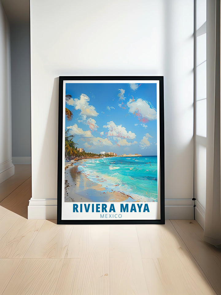 Playa del Carmens breathtaking coastline comes alive in this Riviera Maya travel poster. Perfect for anyone seeking to bring a piece of Mexicos coastal beauty into their home or workspace.