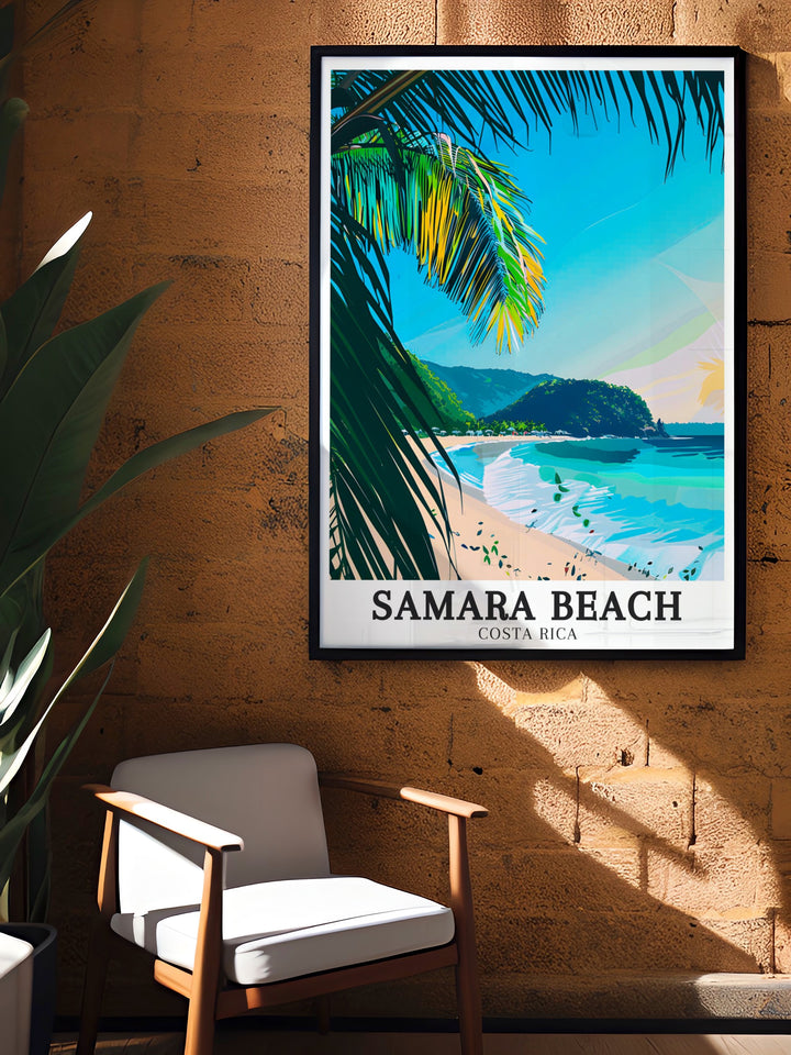 A beautifully detailed poster of Samara Beach, capturing its serene white sands and crystal blue waters, alongside the stunning Garza Contadora Island and Playa Garza. This print is perfect for coastal themed decor and travel lovers seeking a unique Costa Rica gift.