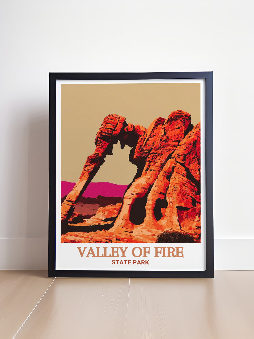 Valley of Fire art print depicting the iconic Elephant Rock. The detailed illustration brings out the natural beauty and unique features of this famous landmark, ideal for nature lovers and those who appreciate the wonders of geology.