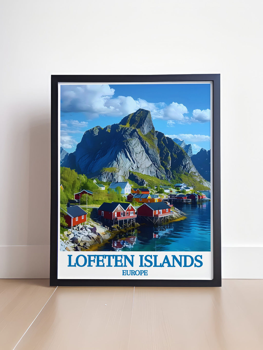Fine art print capturing the enchanting beauty of Hamnøy in the Lofoten Islands, Norway. The poster showcases the red wooden cabins against the dramatic mountain backdrop, reflecting in the crystal clear waters. The vibrant colors and intricate details bring the serene and picturesque village to life, making it a standout piece for home decor.