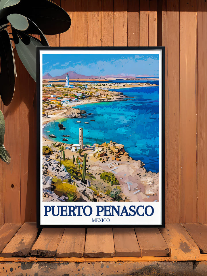 Add a touch of Mexicos coastline to your space with this Puerto Peñasco travel poster. Featuring stunning views of Cholla Bay and Rocky Bay, this print is perfect for those who love beach destinations and want to bring the beauty of the sea into their décor.