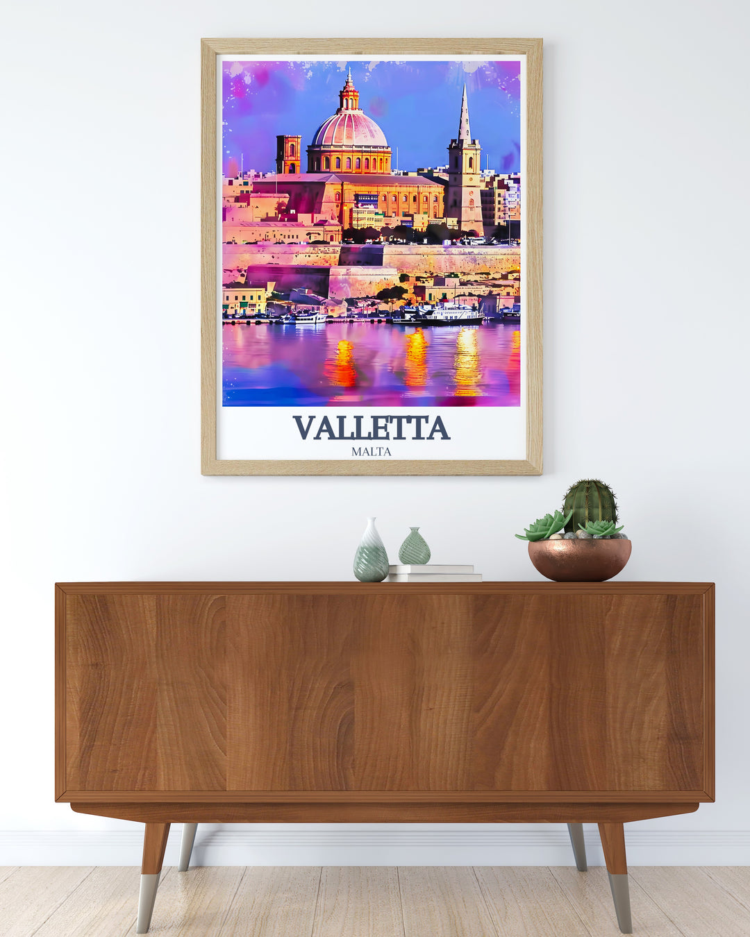 A captivating Valletta poster print featuring the majestic St. Johns Co Cathedral and the Basilica of Our Lady of Mount Carmel. Perfect for lovers of Maltas historical architecture and those who cherish Mediterranean culture.