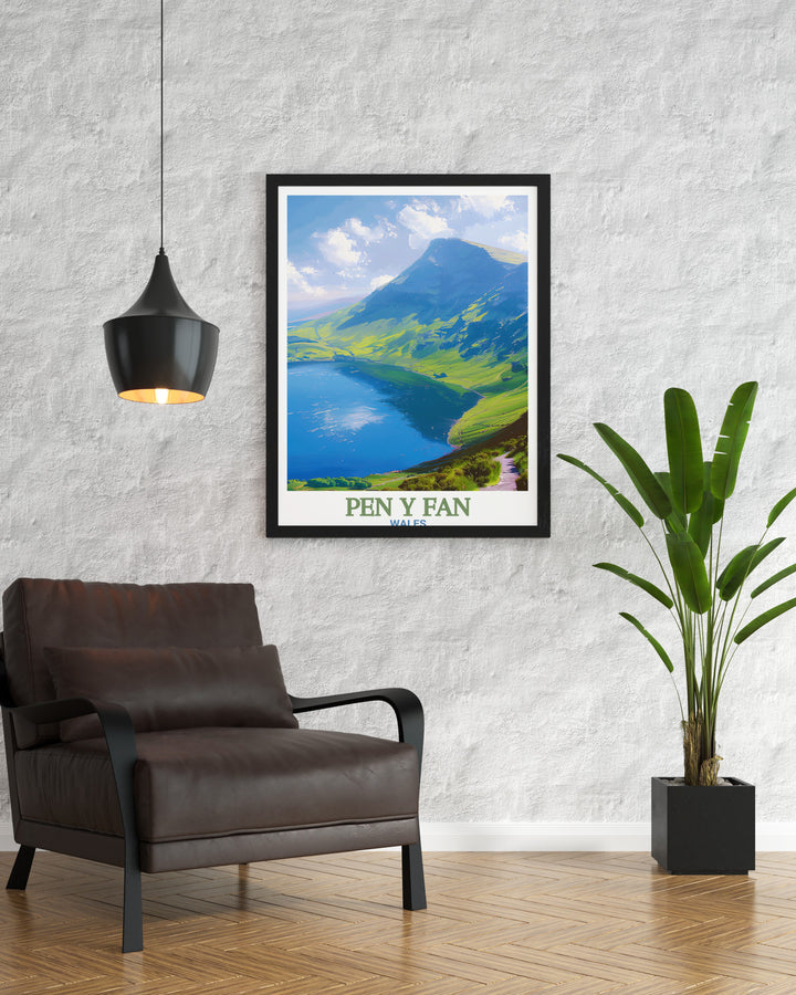 Llyn y Fan Fawr Wall Art highlighting the tranquil lake with the rugged peak of Pen y Fan in the distance. This canvas art brings the stunning beauty of Wales into your living space, perfect for those who admire outdoor adventures and Welsh landscapes.