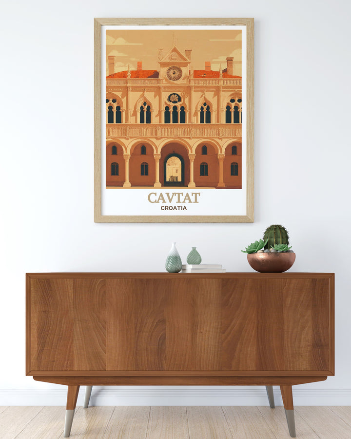 Croatia travel poster highlighting the Rectors Palace in Cavtat, showcasing the stunning coastal town and its rich history, perfect for adding an artistic touch of Mediterranean elegance to any space.