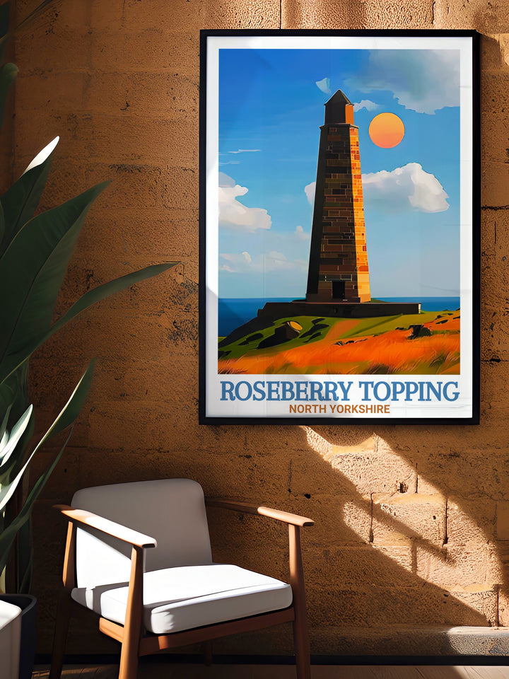 This Roseberry Topping travel print highlights the iconic peak alongside Captain Cooks Monument, nestled within the North York Moors. A perfect piece for hikers, adventurers, and history enthusiasts.