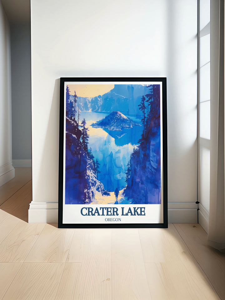 This poster showcases the picturesque shores of Crater Lake and the mystical allure of Wizard Island, adding a unique touch of Oregons historical and natural beauty to your living space.