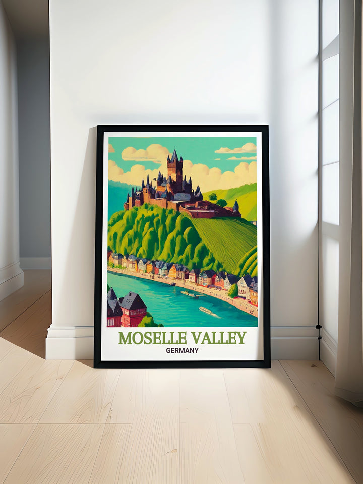 Moselle Valley art poster featuring Cochem Castle is perfect for Germany wall art enthusiasts. This artwork showcases the beautiful landscape of the Moselle Valley and the medieval architecture of Cochem Castle bringing charm and elegance to any space.