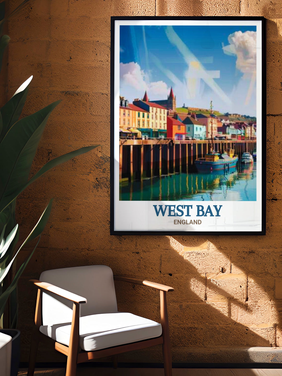 Canvas art of West Bay Harbour offering a panoramic view of the vibrant port and the striking cliffs that define the Jurassic Coast. This England wall art is perfect for adding a touch of coastal charm to any room, ideal for travel themed décor.