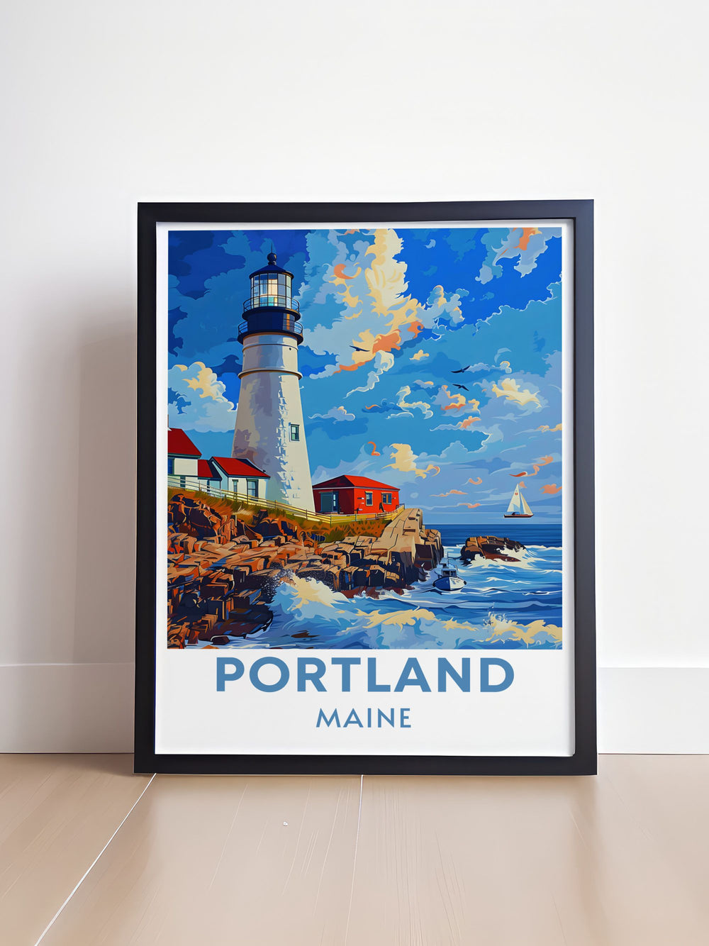 This art print celebrates Maines stunning coastline, with its rocky shores and serene beaches, making it an ideal piece for those who cherish the tranquil ambiance of the sea.