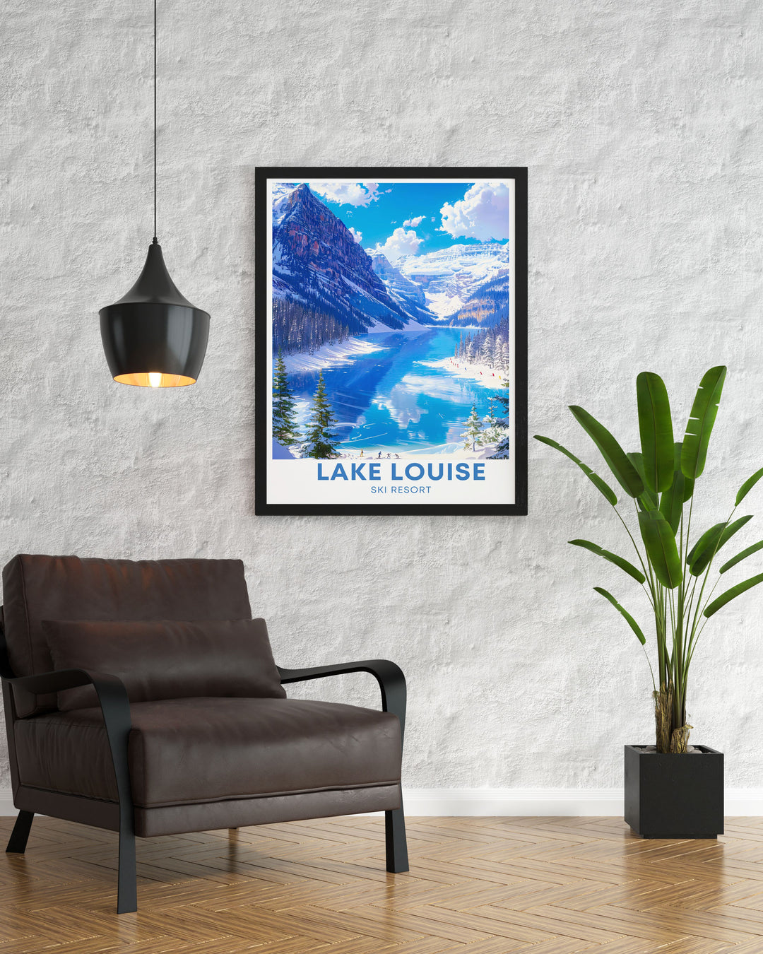 This travel poster showcases the excitement and beauty of Lake Louise Ski Resort, inviting viewers to imagine skiing down the slopes of the Canadian Rockies.