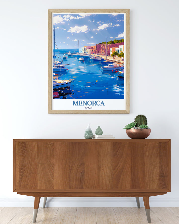 Mahon Harbor artwork displaying the picturesque harbor of Menorca with its clear blue waters and charming scenery ideal for Spain travel art and gifts bringing a touch of Mediterranean beauty to your home decor and making it a memorable addition.