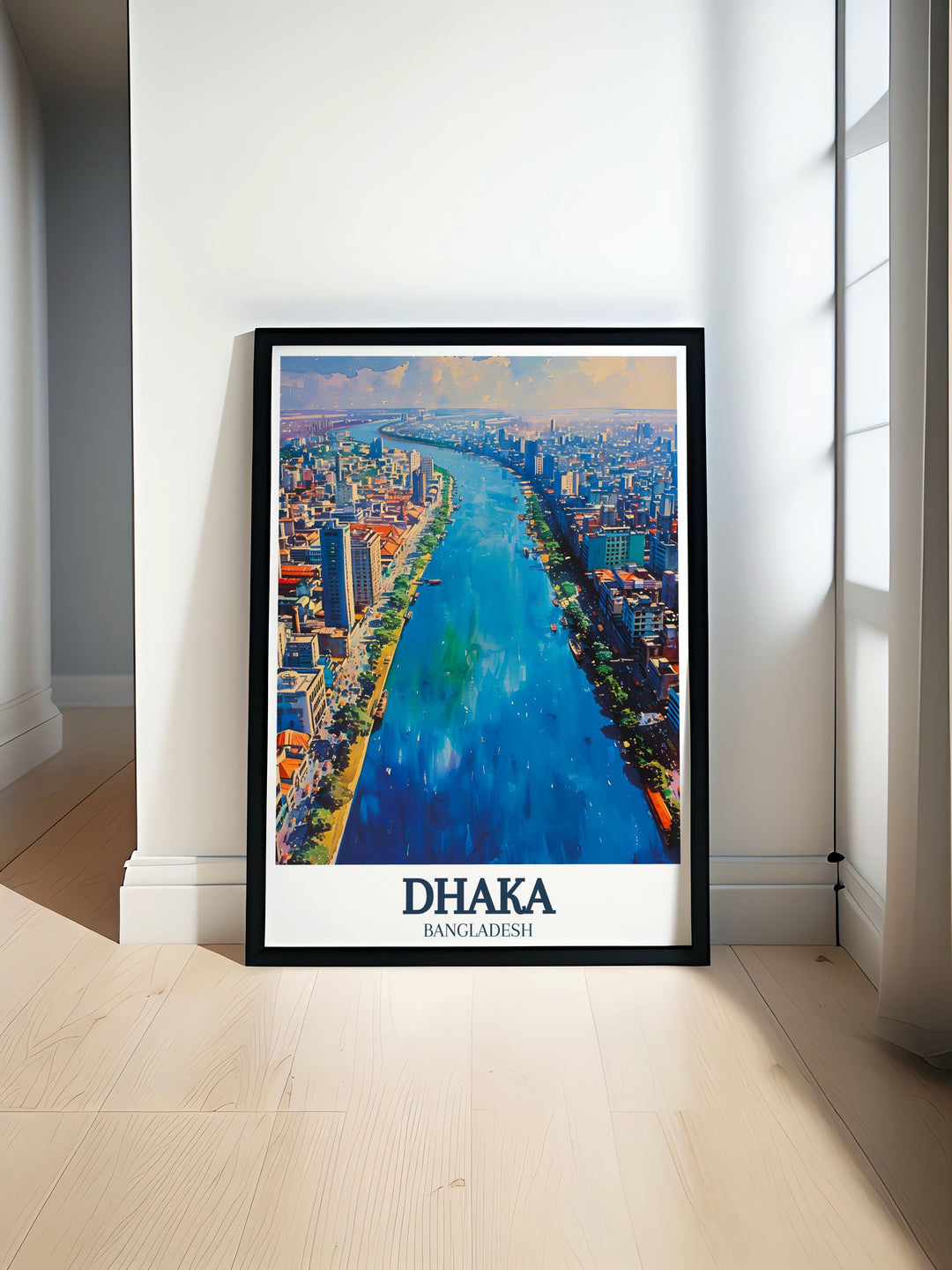 Vibrant Buriganga river Dhaka colorful art print showcasing the dynamic life along the river and the bustling cityscape of Dhaka ideal for adding a touch of cultural richness to your home decor.