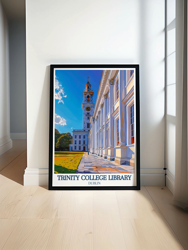 Trinity College and Campanile bell tower in Dublin captured in a vibrant travel poster perfect for enhancing your living room decor with stunning Irish wall art