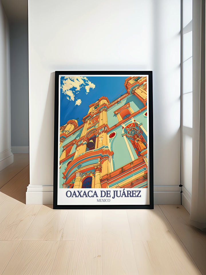 The Santo Domingo Church, located in Oaxacas bustling Centro, is the centerpiece of this travel art. The poster highlights its remarkable architecture and the vibrant culture that surrounds it, perfect for enhancing any home décor.