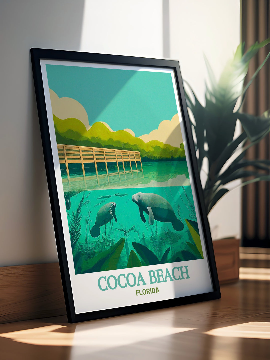 Elegant wall art featuring Cocoa Beach and Manatee Sanctuary Park, Florida. This print showcases the parks natural beauty, with detailed illustrations of its lush greenery and tranquil waters, perfect for beach themed home decor.