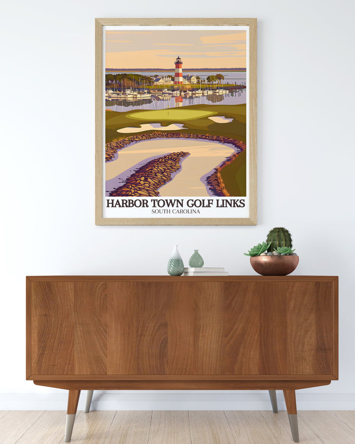 This Harbor Town poster print captures the iconic 18th hole at Harbor Town Golf Links, with the stunning Sea Pines Resort in the background. Perfect for golf lovers, this travel print showcases the beauty and challenge of this legendary course.