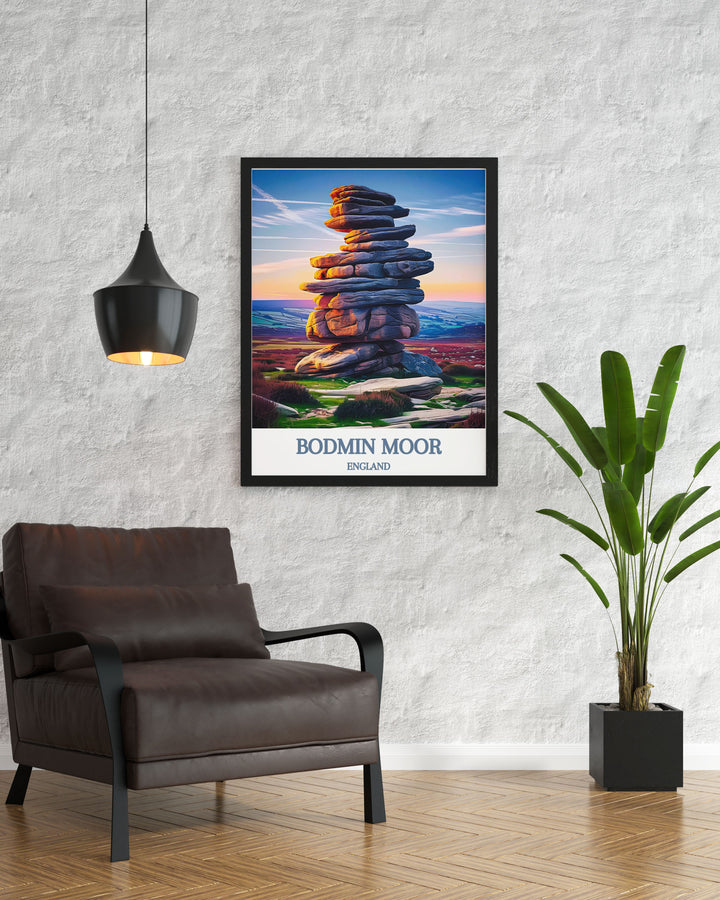 Travel poster of the Cheesewring at Bodmin Moor, capturing the mystical and ancient atmosphere of this iconic rock formation, perfect for creating an immersive and tranquil ambiance in your home.