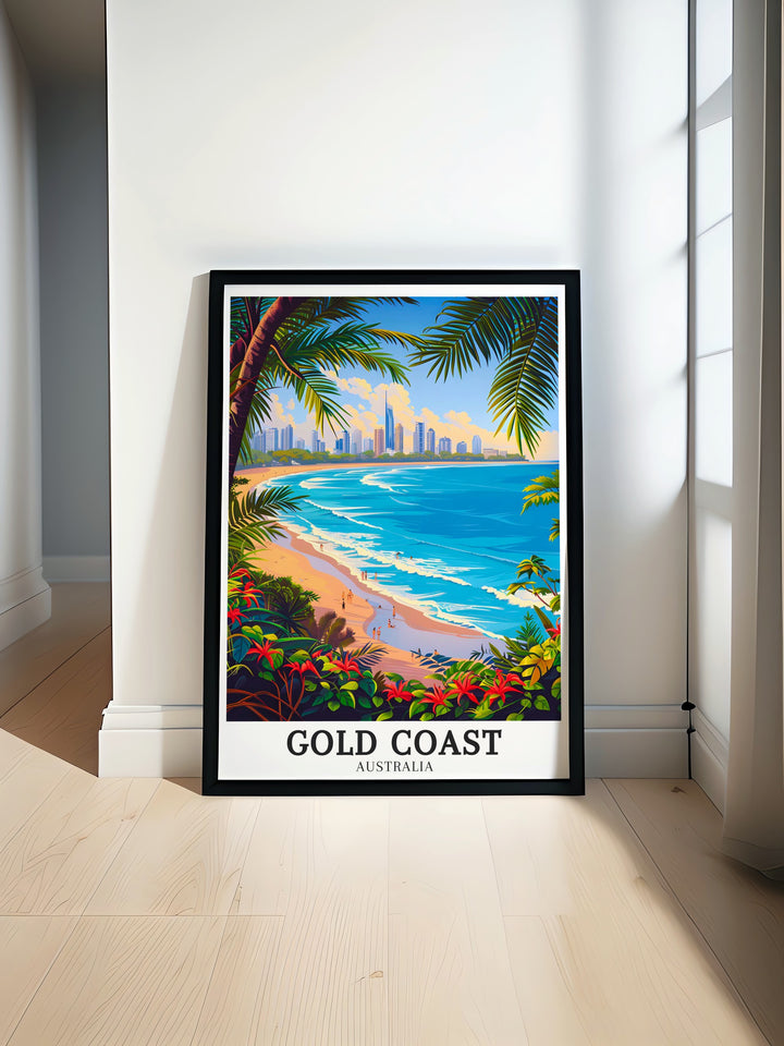 Bring the warmth and beauty of Queenslands Gold Coast into your living space with this vibrant travel poster. Featuring the regions iconic beaches and skyline, the artwork is perfect for anyone looking to add a coastal charm to their home or office decor. This poster captures the essence of the Australian beach lifestyle.