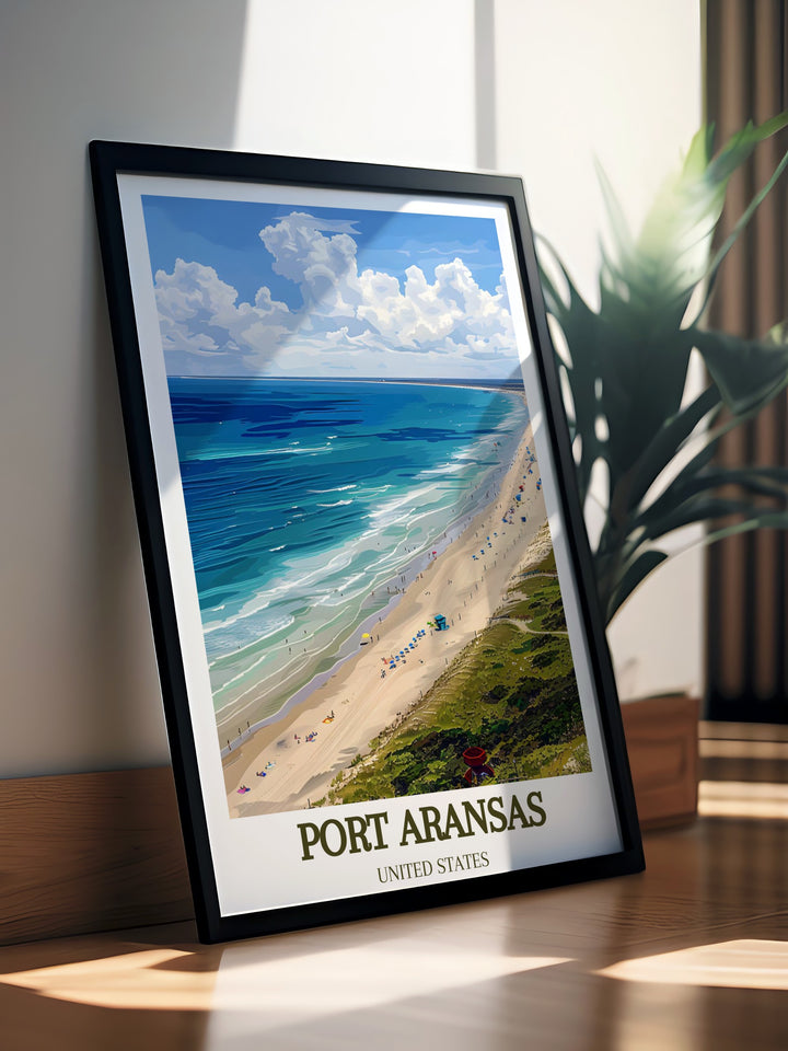 A stunning depiction of Port Aransas Beach, capturing the peaceful ambiance of this beloved Texas destination. This wall art is perfect for anyone looking to bring a touch of the coast into their home.