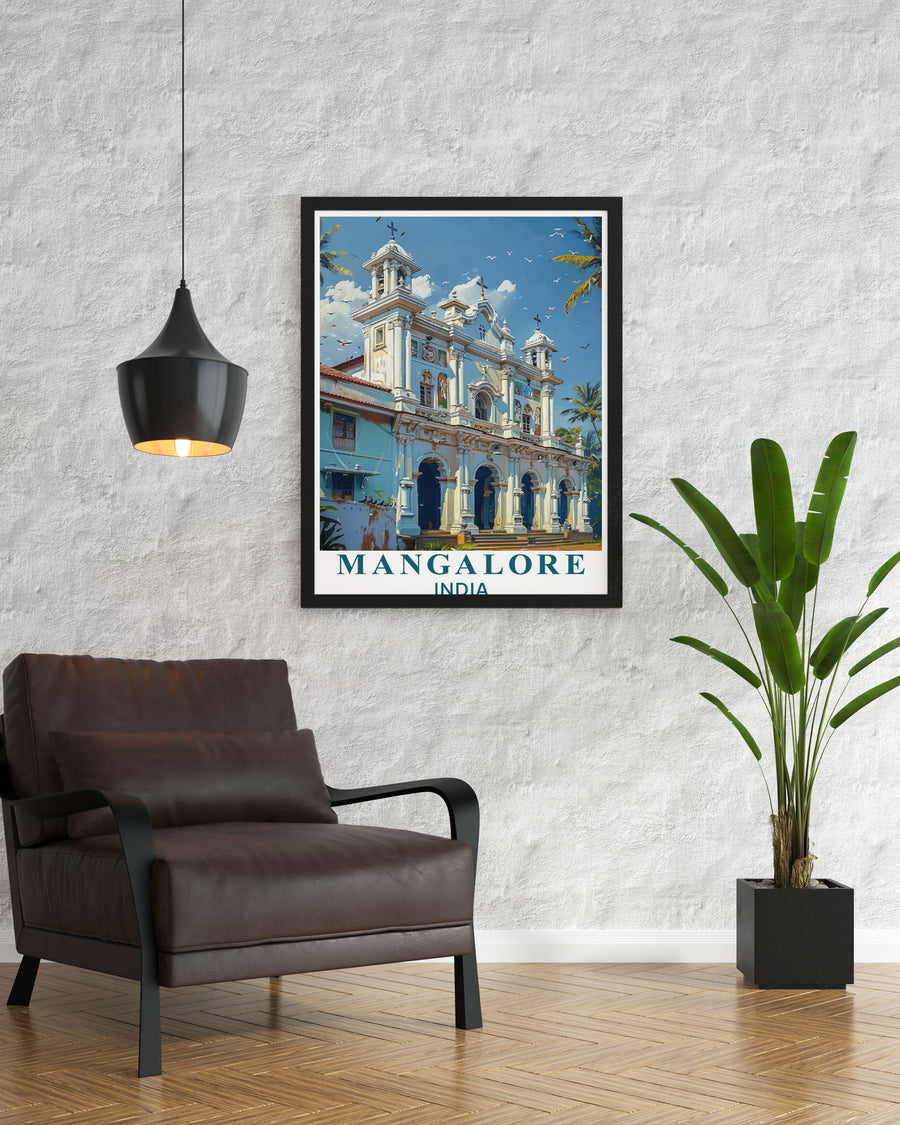 This travel poster of St. Aloysius Chapel in Mangalore captures the intricate frescoes and architectural beauty of this historic site, showcasing the chapels serene and artistic ambiance, perfect for adding a touch of Karnatakas heritage to your home decor.