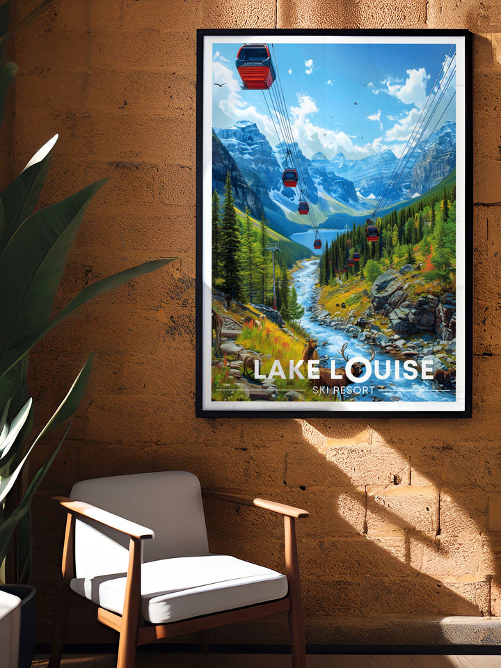 A detailed depiction of Banff National Park with Lake Louise at its center, emphasizing the parks diverse wildlife and dramatic landscapes, ideal for nature themed decor.