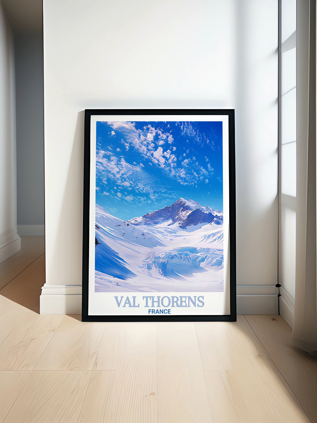 Val Thorens ski poster print featuring the majestic Glacier de Peclet perfect for adding skiing wall art to your home or office and capturing the essence of winter sports with stunning mountain landscapes that bring the beauty of the Alps into any room.