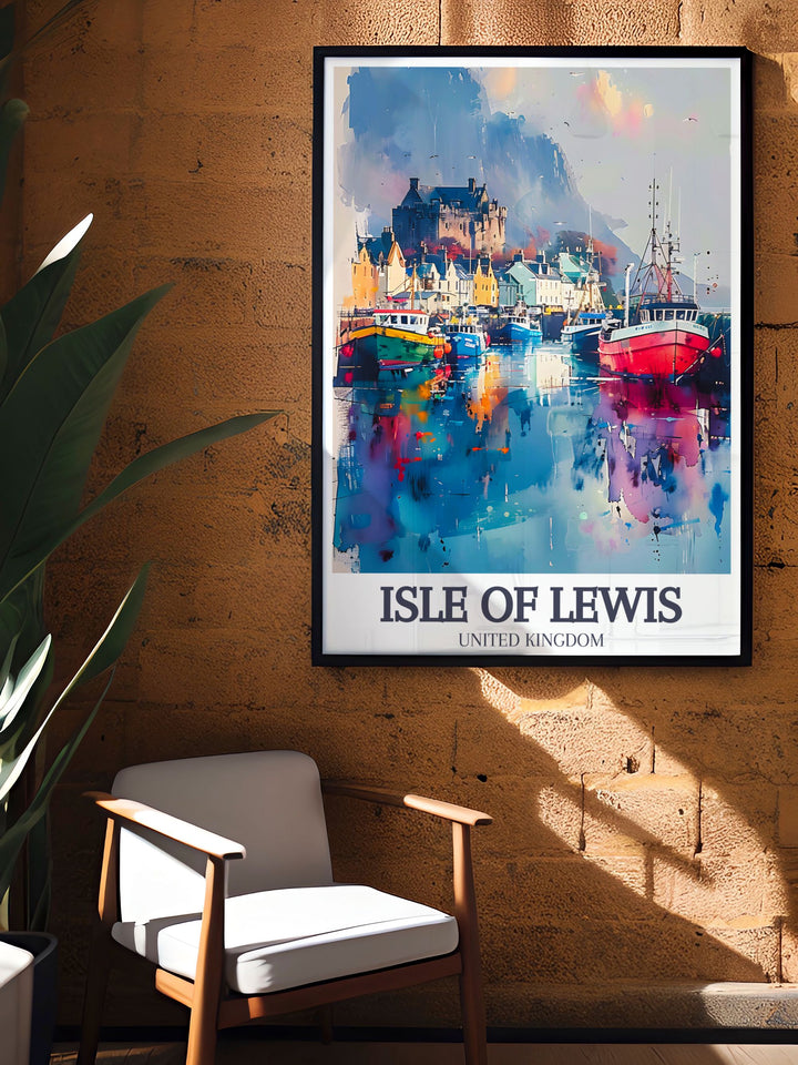 This captivating travel print showcases Stornoway Harbour, where the picturesque waterfront meets the rolling hills of Lewis. The artwork beautifully illustrates the lively atmosphere of the harbor, making it a perfect addition to any home decor.