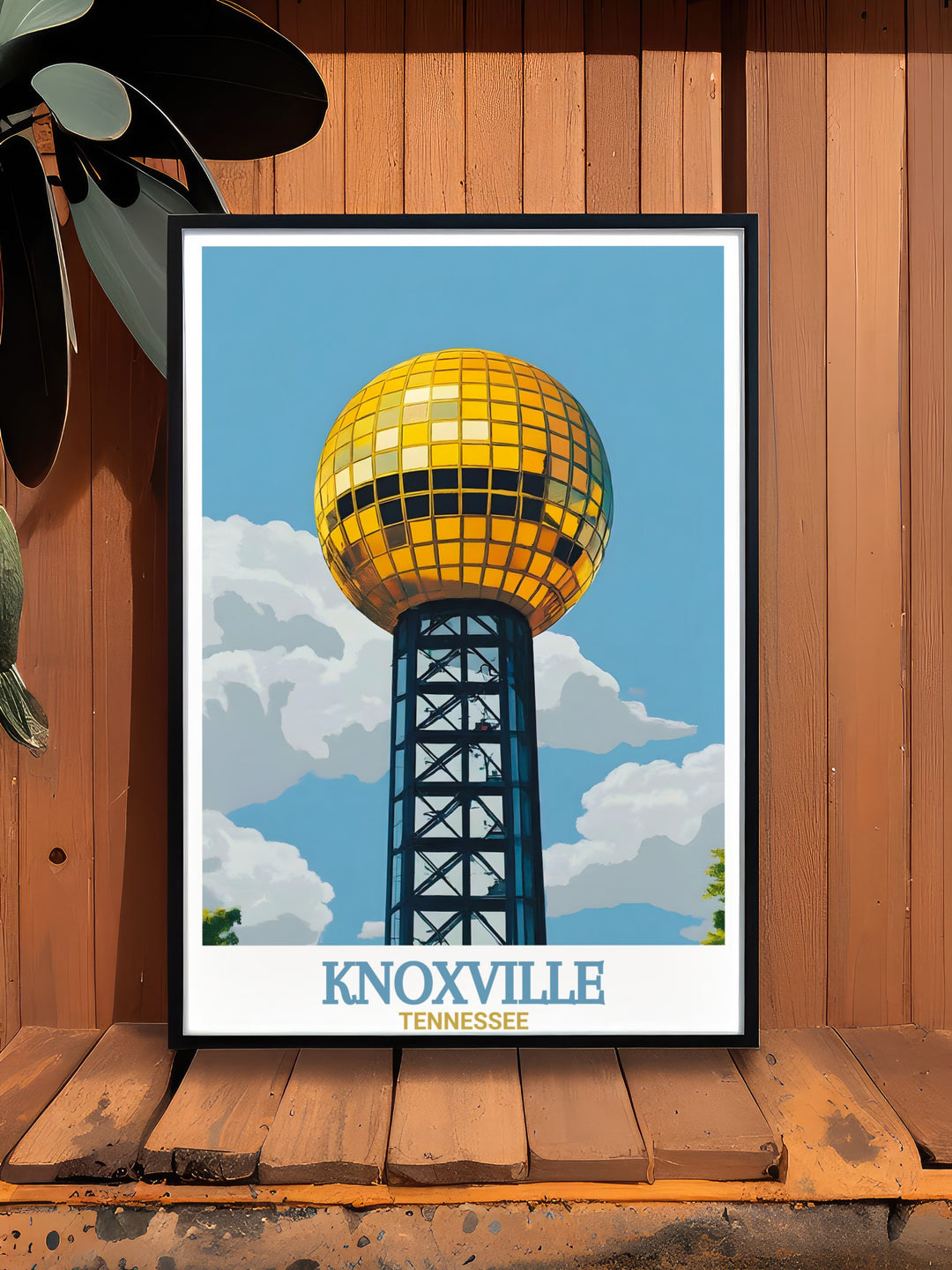 Knoxville art print showcasing the golden Sunsphere, a Knoxville landmark, against the backdrop of Tennessees beautiful skyline. A must have travel print for lovers of Knoxvilles unique cityscape and architectural history.