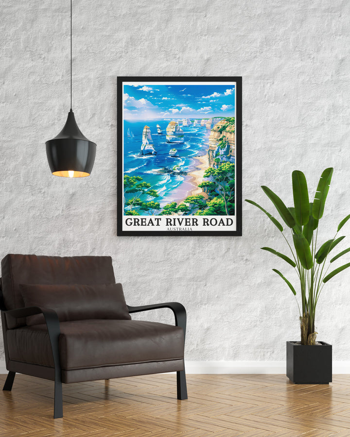 Great Ocean Road travel poster featuring Australias breathtaking coastal drive, with its sweeping views and dramatic cliffs. This travel print brings the excitement of adventure and exploration into your home, perfect for those who dream of hitting the open road.