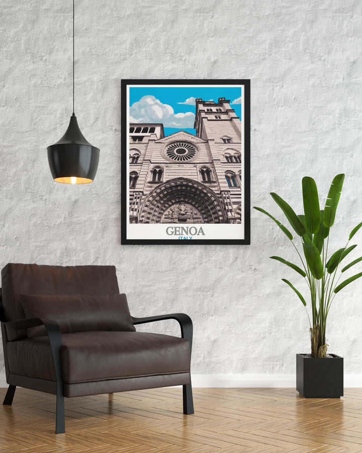 Showcasing the grandeur of Genoa Cathedral, this travel print brings the essence of Italy into any room. From its detailed design to its connection with Italian history, this wall art is ideal for those with a love of Europes treasures.