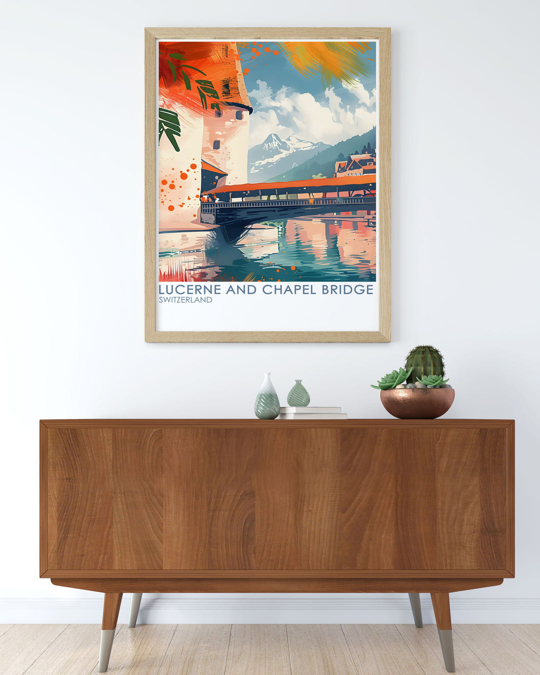 Ski Resort Poster capturing the spirit of adventure in Grindelwald with detailed illustrations paired with Lucerne and Chapel Bridge modern decor creating a stunning living room aesthetic