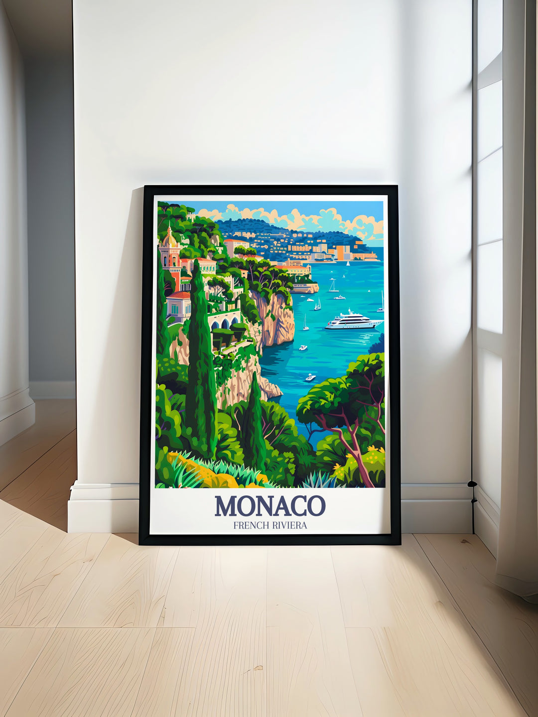 This vibrant Monaco Wall Print showcases the charm and beauty of Monacos Le Rocher and its stunning coastal surroundings. Perfect for adding a touch of elegance to any room, this travel print is a must have for art lovers and travelers alike.