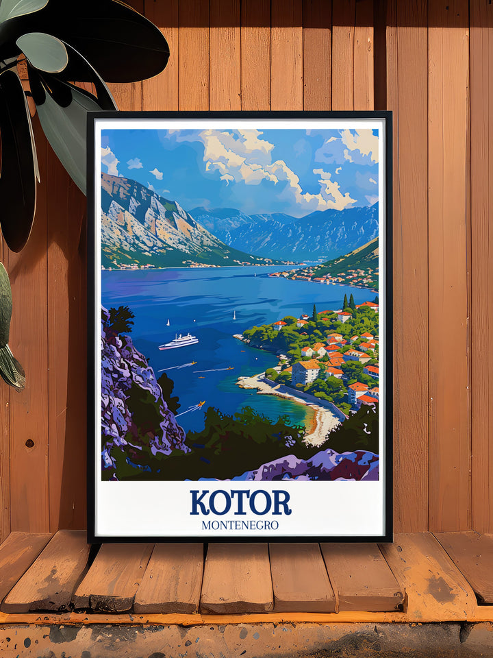 Travel print of Kotor Bay, Montenegro, featuring the serene Adriatic Sea. Perfect for those who love coastal views and Eastern European art, this wall poster is a must have for any travelers collection.