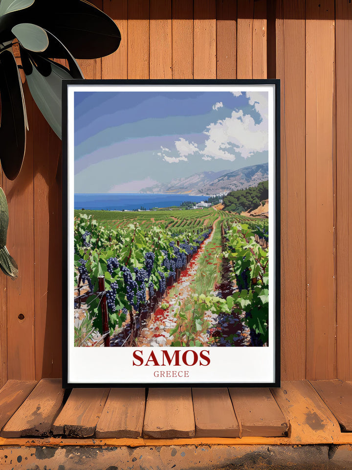 Celebrate the beauty of Greeces famous vineyards with this Samos travel poster. The rolling hills of Samos Muscat wine vineyards, framed by the Aegean Sea, are captured in this stunning artwork, ideal for anyone who loves the rich history of Greeces winemaking tradition.