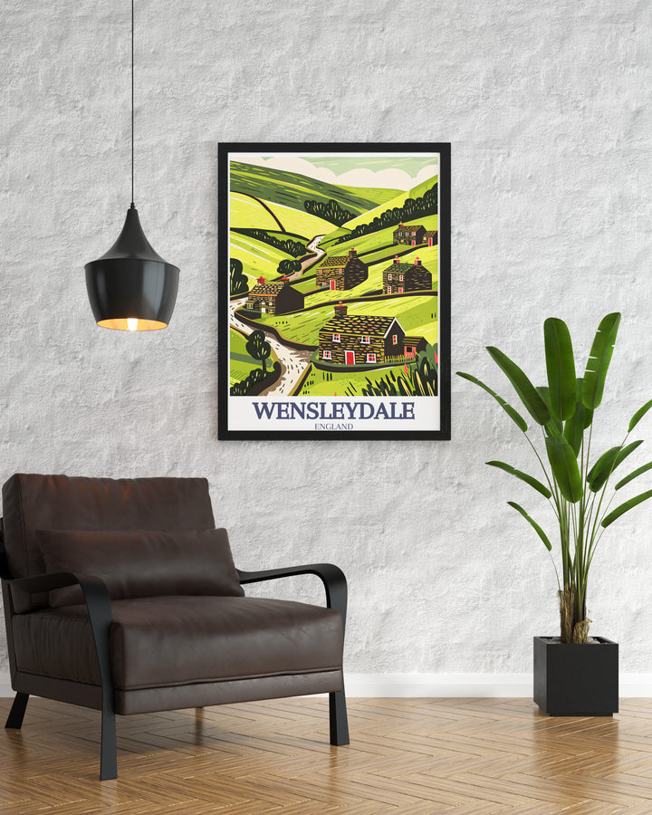 Decorate your home with this Wensleydale travel poster, featuring the captivating landscapes of the Yorkshire Dales. The artwork showcases the natural beauty of North Yorkshire, from the lush hills to the tranquil valleys, all wrapped in a retro style design that celebrates the regions timeless charm.