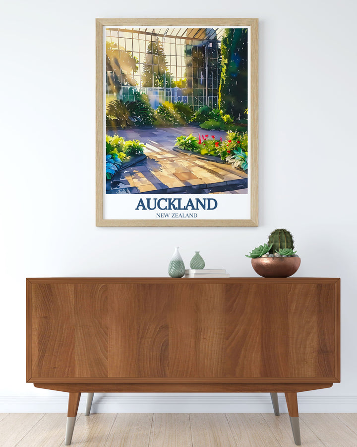 Vintage travel poster of Auckland, New Zealand, highlighting the picturesque Auckland Domain, ideal for adding a touch of natural elegance to any space.
