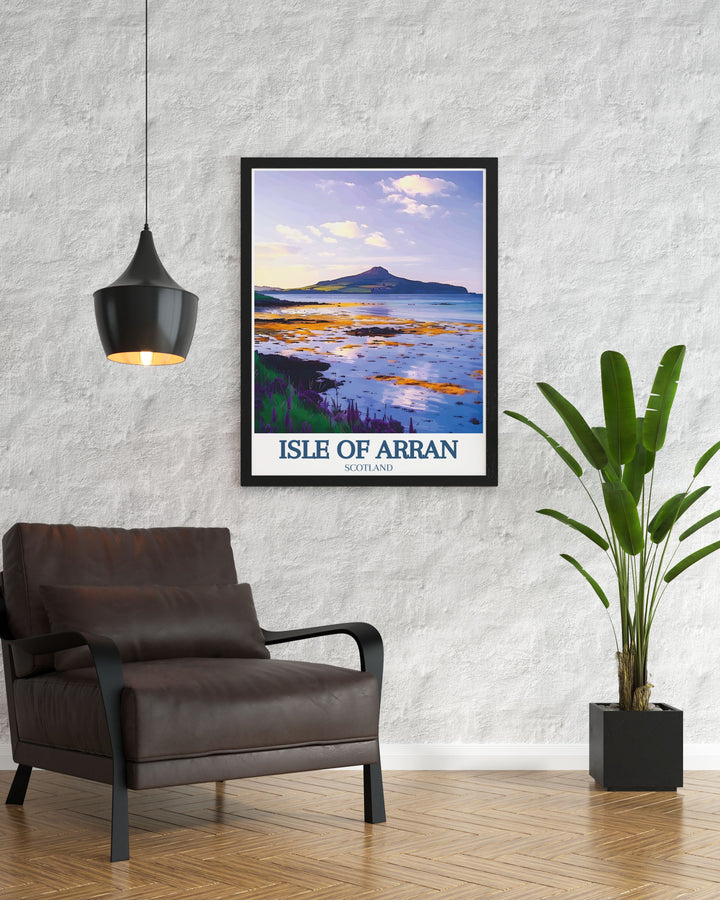 A stunning Isle of Arran poster print showcasing the islands natural beauty. This artwork features the tranquil shores of Blackwaterfoot Beach, inviting viewers to experience the serene landscapes and rich colors of this Scottish paradise.