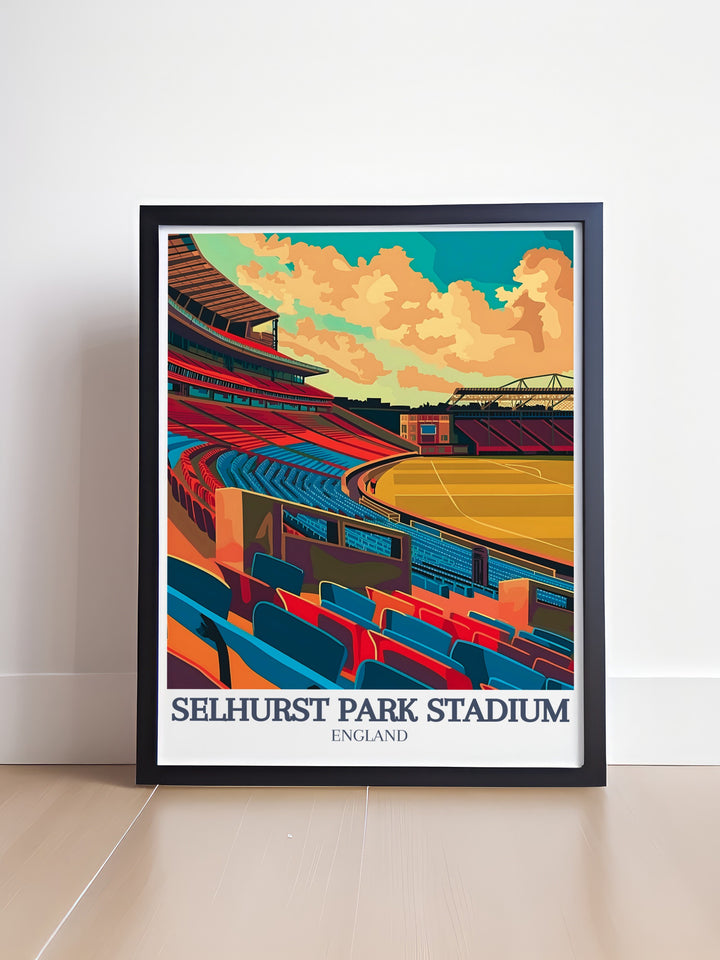 Artistic Selhurst Park Print featuring iconic Holmesdale Road Stand and Arthur Wait Stand ideal for adding a touch of football history to your decor