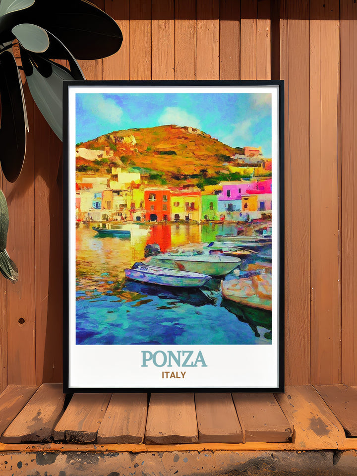 Ponza Harbor, with its colorful boats and quaint buildings, is a true representation of Italian coastal life. This print captures the essence of the harbor, highlighting its vibrant and serene atmosphere. Ideal for lovers of Italys coastal regions, this artwork brings the beauty of Ponza into your home.