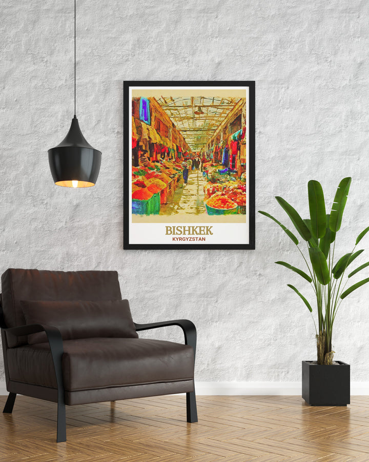 Bishkek Framed Art brings the lively Osh Bazaar into your home, showcasing its colors, market activities, and the unique cultural atmosphere of Kyrgyzstans capital. This framed artwork is ideal for creating a focal point in any room.