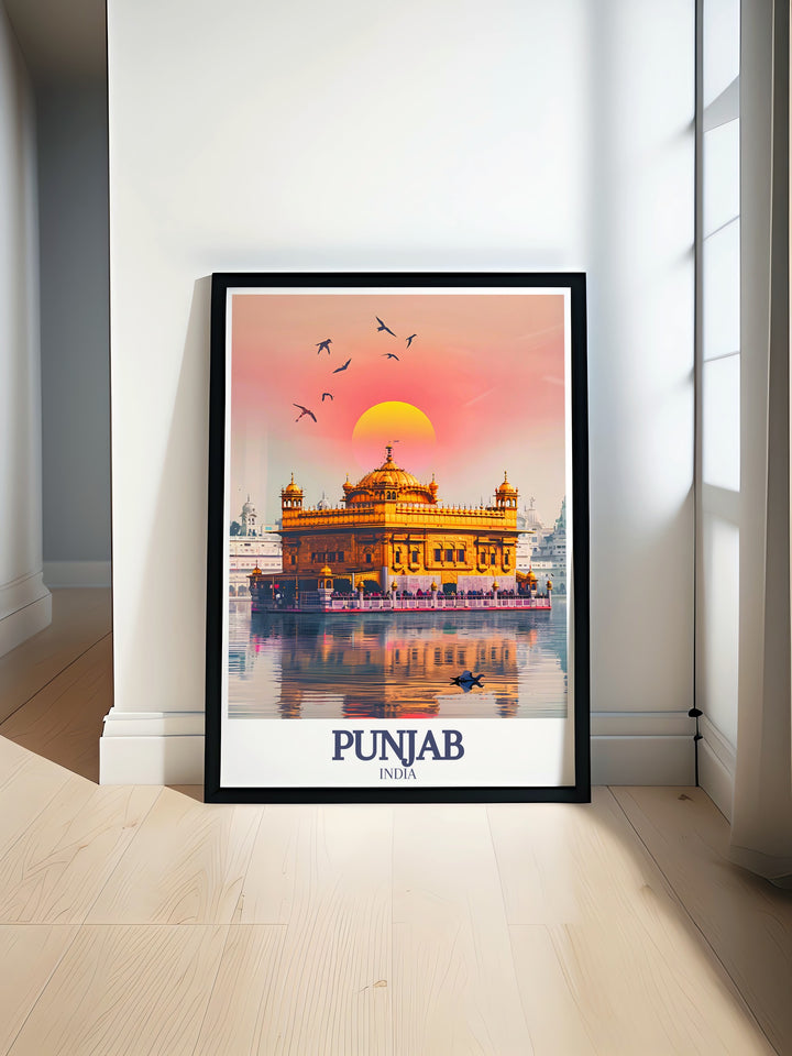 Golden Temple, Amrit Sarovar modern prints showcasing the iconic landmark in vibrant colors perfect for elegant home decor and wall art featuring the serene beauty and historical grandeur of Punjabs Harmandir Sahib and its tranquil waters.