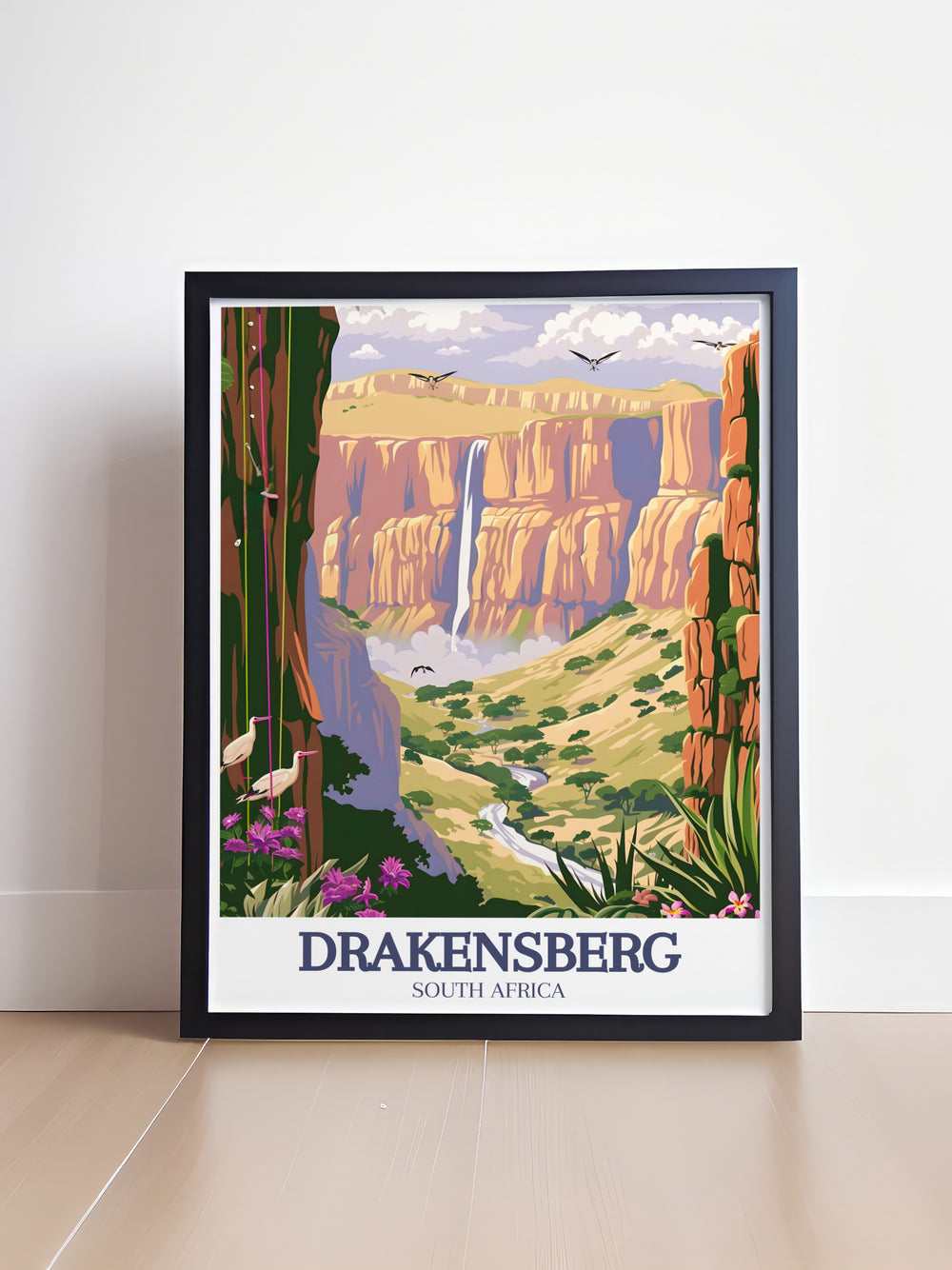 Drakensbergs iconic peaks and the magnificent Tugela Falls are brought to life in this beautiful travel poster. Whether for your home or as a gift, this artwork celebrates the natural beauty of South Africas Royal Natal National Park in breathtaking detail.