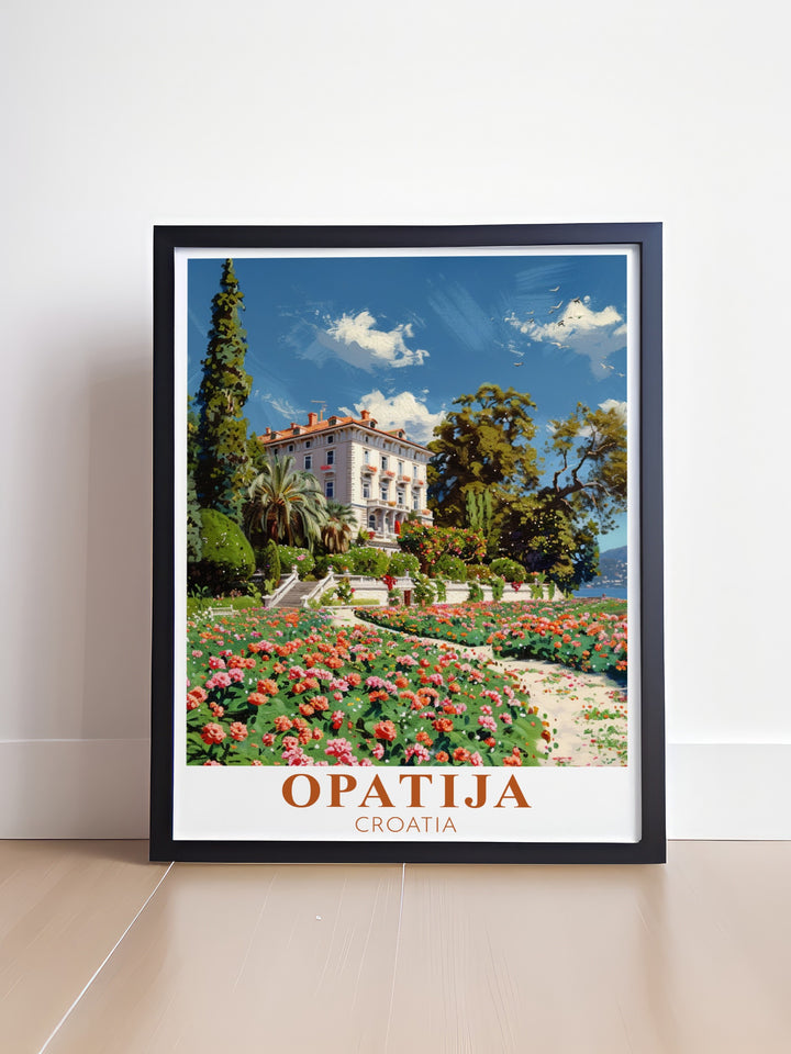 This Opatija poster print featuring Villa Angiolina is a must have for art collectors and travel enthusiasts alike an exquisite piece that captures the charm and elegance of one of Croatias most beloved destinations