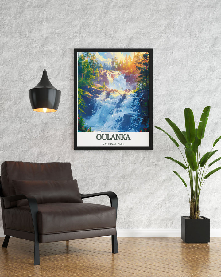 Travel Poster Art of Kiutakongas Rapids showcasing the dynamic energy and serene beauty of this natural marvel located in Oulanka National Park ideal for adding a touch of adventure and tranquility to any living space