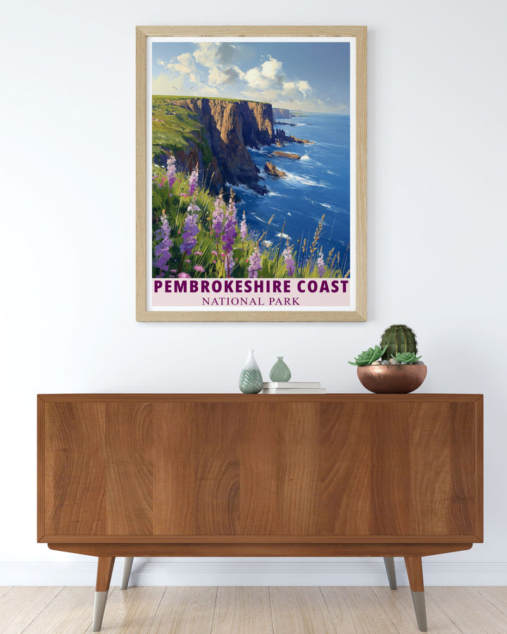 Pembrokeshire Coast poster capturing the dramatic coastal cliffs of Wales with vibrant colors and vintage travel art style making it a perfect addition to your bucket list prints or as a captivating piece of home decor.