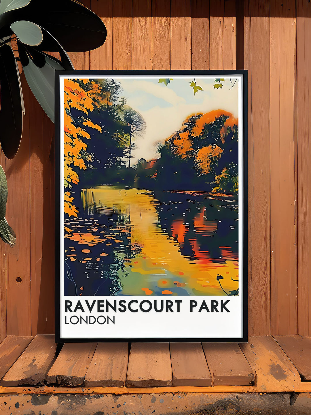 Ravenscourt Park Lake Artwork showcasing the peaceful lake with lush vegetation and iconic trees. This London Travel Print is perfect for enhancing your home decor with a serene and picturesque touch.