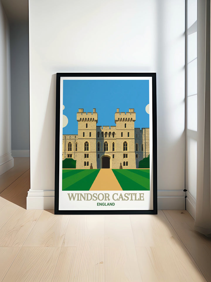 A Windsor Castle poster, celebrating the architectural mastery of this historic landmark. Perfect for Jubilee celebrations or to honor the Queens legacy, this travel poster brings a timeless piece of British history into your home.